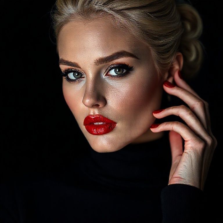 A cinematic close-up portrait of a striking woman in a sleek black turtleneck, her face softly illuminated against a dark, moody background. She has bold matte red lips, dramatic black eyeliner, and defined brows, gazing intensely into the camera with confident, piercing eyes. Her blonde hair is styled in a voluminous, slightly tousled updo, with loose strands framing her flawless, softly contoured face. Her red nails match her lipstick as she gently touches her temple, adding a subtle gesture of elegance. The lighting is clean and high-fashion, creating sharp contrast and rich shadows, evoking the feel of a luxury fragrance campaign, with a minimalist, sophisticated atmosphere, 85mm lens, shallow depth of field, sharp focus on the eyes, cinematic color grading, high-resolution editorial style, no text, no logos.