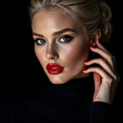 A cinematic close-up portrait of a striking woman in a sleek black turtleneck, her face softly illuminated against a dark, moody background. She has bold matte red lips, dramatic black eyeliner, and defined brows, gazing intensely into the camera with confident, piercing eyes. Her blonde hair is styled in a voluminous, slightly tousled updo, with loose strands framing her flawless, softly contoured face. Her red nails match her lipstick as she gently touches her temple, adding a subtle gesture of elegance. The lighting is clean and high-fashion, creating sharp contrast and rich shadows, evoking the feel of a luxury fragrance campaign, with a minimalist, sophisticated atmosphere, 85mm lens, shallow depth of field, sharp focus on the eyes, cinematic color grading, high-resolution editorial style, no text, no logos.