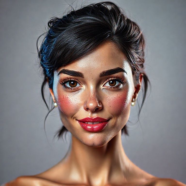 Background: Matte color, vivid studio lighting, female anatomy on a plain studio background with bright colors and lighting; ultra-vivid facial texture, ultra-realistic porous skin detail, center-parted messy shiny black hair, brown iris, juicy, ultra-detailed eyelashes, ultra-detailed black eyebrows, small nose, detailed dimpled cheeks, detailed small curved wet lips, pink lipstick, glossy lips, small chin, detailed lightly freckled face, ultra-anatomical prominent facial line detail, ultra-detailed facial hair, micro-detail, ultra-detail, sympathetic smile, pearl earrings in the ears, placement appropriate to anatomical details;