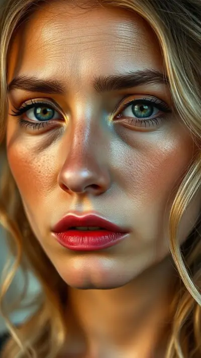 The anatomy of a 16 years old, sad and weeping German woman. Natural, 100% makeup-free, captivating, shy, tearful beauty. Natural facial structure, extremely realistic anatomical skin texture. Deeply detailed skin pores and sides interwoven with wavy blonde hair, an extremely detailed, focused facial structure. Fine, deep forehead lines and sharp details. Black iris eyes. Extremely detailed, micro-focused lashes. Extremely detailed, micro-focused, ultra-detailed black eyebrows. Large, pointed, focused nose. Extremely detailed, natural dimples. Detailed, full lips. Extremely detailed, focused red, juicy, wet lips. Small, elegant pointed chin. Beautifully detailed facial features. Anatomically defined facial line detail. Ultra-detailed processing. Micro-detailed aging pore structure. Focused, detailed earrings. Ultra-realistic, vibrant and ultra-realistic details. Unfiltered, extremely detailed 8K HD image.