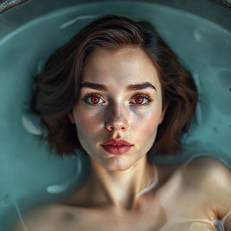 7-year-old mystic sweet sugar model (light-toned body) (bright light red iris eyes) ultra-sharp iris detail, subtle reflections, moist tear line, natural lashes, ultra-detailed face, natural skin pores, soft cheek shadows, high-resolution lash texture, realistic light on the bridge of the nose, tear lines, realistic shading, moist full lips, soft ultra natural sheen, light rose color, subtle skin texture, visible lip folds, realistic light reflection, fake shadows, visible scleral veins, realistic shadows, short wavy dark brown hair, soft skin texture, realistic nipple detail, anatomically correct placement, subtle interplay of light and shadow, woman floating in a jacuzzi, soft cinematic lighting, Hasselblad H6D-100c, 85mm f/1.2 lens, ultra-detailed skin, 8K;