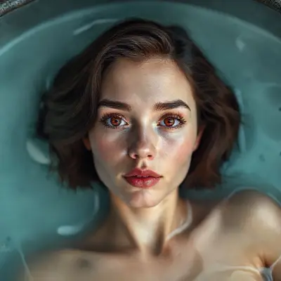 7-year-old mystic sweet sugar model (light-toned body) (bright light red iris eyes) ultra-sharp iris detail, subtle reflections, moist tear line, natural lashes, ultra-detailed face, natural skin pores, soft cheek shadows, high-resolution lash texture, realistic light on the bridge of the nose, tear lines, realistic shading, moist full lips, soft ultra natural sheen, light rose color, subtle skin texture, visible lip folds, realistic light reflection, fake shadows, visible scleral veins, realistic shadows, short wavy dark brown hair, soft skin texture, realistic nipple detail, anatomically correct placement, subtle interplay of light and shadow, woman floating in a jacuzzi, soft cinematic lighting, Hasselblad H6D-100c, 85mm f/1.2 lens, ultra-detailed skin, 8K;