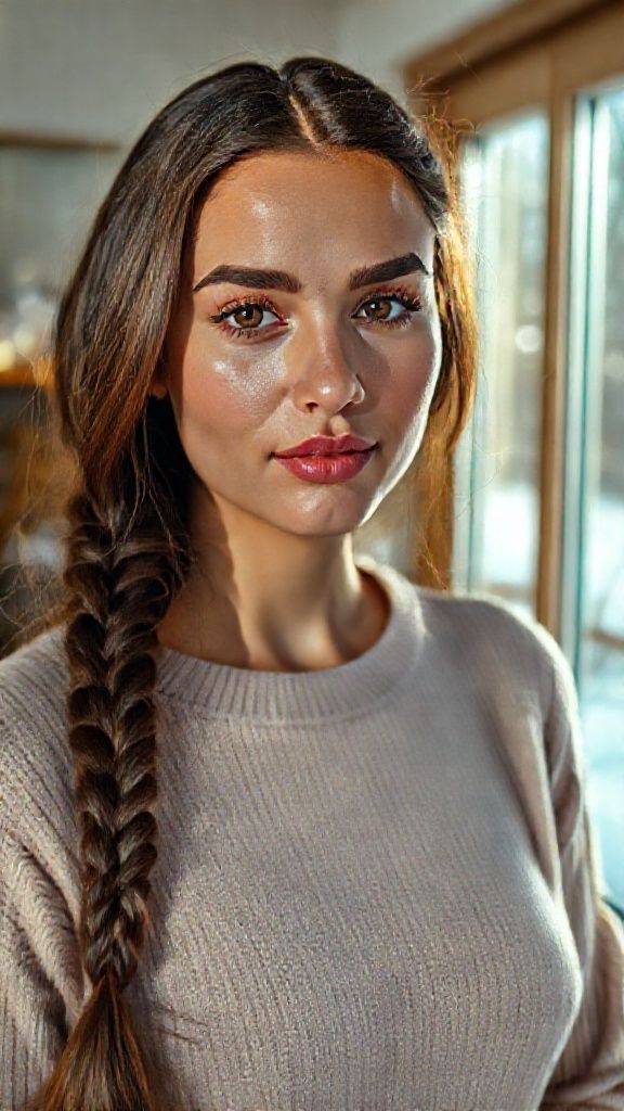 On a beautiful winter day, in a sunny room, stands a woman in her twenties, of Turkish descent, with long, dark brown hair braided to the sides. Her striking facial features include highly detailed brown irises, watery eyes, prominent eyelashes and thick eyebrows; a small, pointed, arched nose; bright pink, curved lips; a small, highly detailed oval chin; a delicate face and a captivating, sympathetic, sincere gaze. Physically, she has short shoulders, small, soft breasts, a slender waist, a slightly defined rib cage, slightly protruding shoulder blades, vibrant colors, focused eyes, and perfect lighting. The woman is a professional model with strikingly realistic details Ultra HD 8K