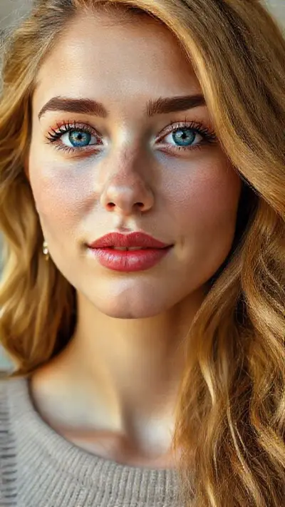 The facial anatomy of a cheerful and attractive woman in her 18 years old Turkish women Natural, 100% makeup-free, captivating, shy, innocent beauty. Natural facial structure, extremely ultra realistic anatomical skin texture. Extremely detailed, focused facial structure with deeply detailed skin pores and wavy yellow hair. Fine, deep forehead lines and sharp details. Blue iris eyes. Extremely detailed, micro-focused lashes. Extremely detailed, micro-focused, ultra-detailed black eyebrows. Small, focused nose. Extremely detailed, natural cheekbones. Detailed lips. Extremely detailed, focused pink, juicy, wet lips. Small, elegant oval chin. Beautifully detailed facial features. Anatomically defined facial line detail. Ultra-detailed processing. Micro-detailed aging pore structure. Focused, detailed earrings. Ultra Realistic, vibrant, and ultra-realistic details. Unfiltered, extremely detailed 8K HD image.