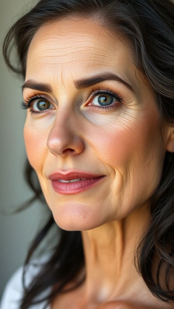 Woman in her 40s, face and body, anatomy: Natural, natural, attractive, makeup-free beauty. Natural facial structure, very realistic anatomical skin texture. Highly detailed facial structure with deeply detailed skin pores and wavy black hair. Precise, deep forehead lines and sharp details. Eyes with black irises. Highly detailed, micro-focused eyelashes. Highly detailed, micro-focused, ultra-detailed black eyebrows. Small, focused nose. Woman in her 40s, face and body, anatomy: Natural, natural, attractive, no-makeup beauty. Natural facial structure, very realistic anatomical skin texture. Highly detailed facial structure with deeply detailed skin pores and wavy black hair. Precise, deep forehead lines and sharp details. Eyes with black irises. Highly detailed, micro-focused eyelashes. Highly detailed, micro-focused, ultra-detailed black eyebrows. Small, focused nose. Highly detailed, natural cheekbones. Small, defined mouth. Detailed lip curves. Highly detailed, focused pink pastel wet lips. Small oval chin. Beautifully detailed facial features. Anatomically defined facial line detail. Micro-detailed facial hair. Ultra-detailed earrings. Micro-detailed aging pore structure. Genetic anatomical synchronous aging of the body. Micro-detailed shooting. Genetic realism. No pictures filter. 128K Ultra hyper multi HD pixel