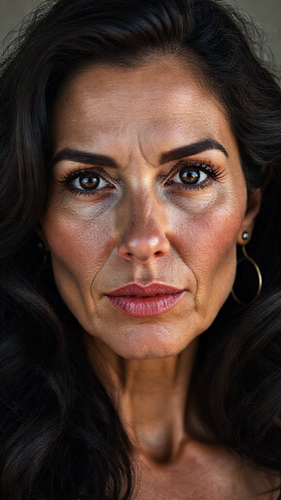 A striking and serious woman in her 40s; facial and body anatomy: Natural, 100% makeup-free, attractive, sensual, wild beauty. Natural facial structure, very realistic anatomical skin texture. Extremely detailed facial structure with deeply detailed skin pores and wavy black hair. Fine, deep forehead lines and sharp details. Black iris eyes. Extremely detailed, micro-focused lashes. Extremely detailed, micro-focused, ultra-detailed black eyebrows. Small, focused nose. Extremely detailed, natural cheekbones. Detailed lip contours. Extremely detailed, focused pink pastel wet lips. Small oval chin. Beautifully detailed facial features. Anatomically defined facial line detail. Micro-detailed facial hair. Micro-detailed aging pore structure. Ultra-detailed earrings. Slender woman. Neck (detailed anatomical micro-textures). Realistic color tones, ultra-realistic detailed photograph.(no face filter) Micro-detailed without screen filters.
