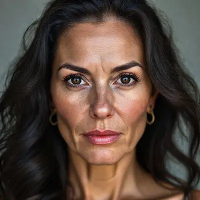 A striking and serious woman in her 40s; facial and body anatomy: Natural, 100% makeup-free, attractive, sensual, wild beauty. Natural facial structure, very realistic anatomical skin texture. Extremely detailed facial structure with deeply detailed skin pores and wavy black hair. Fine, deep forehead lines and sharp details. Black iris eyes. Extremely detailed, micro-focused lashes. Extremely detailed, micro-focused, ultra-detailed black eyebrows. Small, focused nose. Extremely detailed, natural cheekbones. Detailed lip contours. Extremely detailed, focused pink pastel wet lips. Small oval chin. Beautifully detailed facial features. Anatomically defined facial line detail. Micro-detailed facial hair. Micro-detailed aging pore structure. Ultra-detailed earrings. Slender woman. Neck (detailed anatomical micro-textures). Realistic color tones, ultra-realistic detailed photograph. Micro-detailed without screen filters (no face filter).