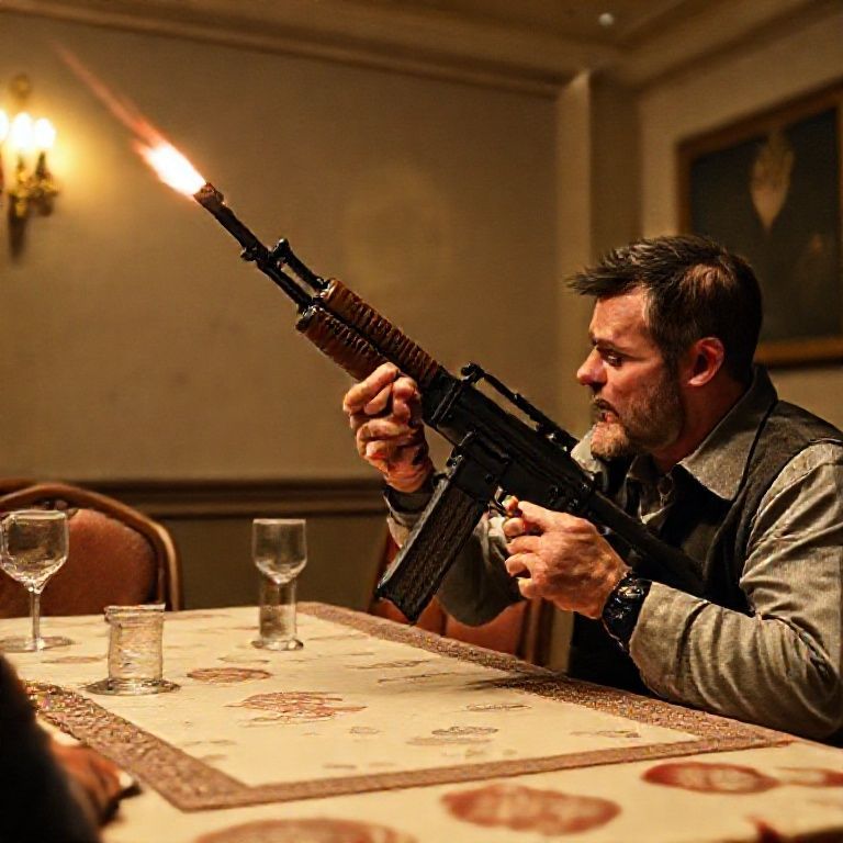 The man picked up an AK-47 Kalashnikov from the table, raised it, and fired a shot towards the ceiling.