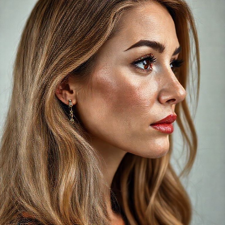 The typical Turkish woman profile is characterized by sharp facial features, long, wavy, shiny dark blonde hair, brown eyes with wet irises, detailed eyelashes, thick eyebrows, a pointed nose, dimpled cheeks, detailed, pastel red, curved lips, signs of aging on the face, anatomically realistic aging lines on the forehead, cheeks, and chin, small, detailed earrings, and a slender body structure. The profile emphasizes realistic details consistent with the story.