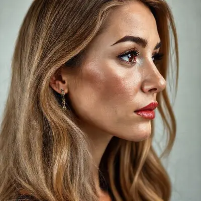 The typical Turkish woman profile is characterized by sharp facial features, long, wavy, shiny dark blonde hair, brown eyes with wet irises, detailed eyelashes, thick eyebrows, a pointed nose, dimpled cheeks, detailed, pastel red, curved lips, signs of aging on the face, anatomically realistic aging lines on the forehead, cheeks, and chin, small, detailed earrings, and a slender body structure. The profile emphasizes realistic details consistent with the story.