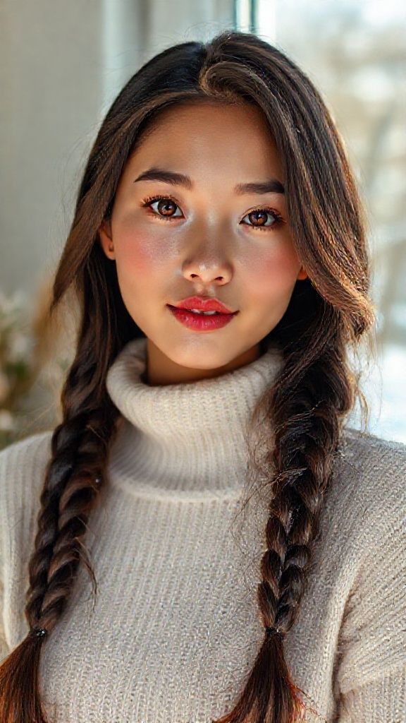 On a beautiful winter day, in a sunny room, stands a woman in her twenties, of Asian descent, with long, dark brown hair braided to the sides. Her striking facial features include highly detailed brown irises, watery eyes, prominent eyelashes and thick eyebrows; a small, pointed, arched nose; bright pink, curved lips; a small, highly detailed oval chin; a delicate face and a captivating, sympathetic, sincere gaze. Physically, she has short shoulders, small, soft breasts, a slender waist, a slightly defined rib cage, slightly protruding shoulder blades, vibrant colors, focused eyes, and perfect lighting. The woman is a professional model with strikingly realistic details.