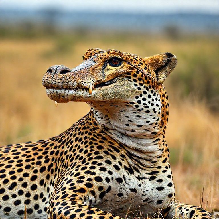 Its head is a crocodile head, its body is a cheetah, its body is realistic, its textures and colors are realistic. Anatomical reality 8K. Full screen African landscape is magnificent 85mm DSLR camera;