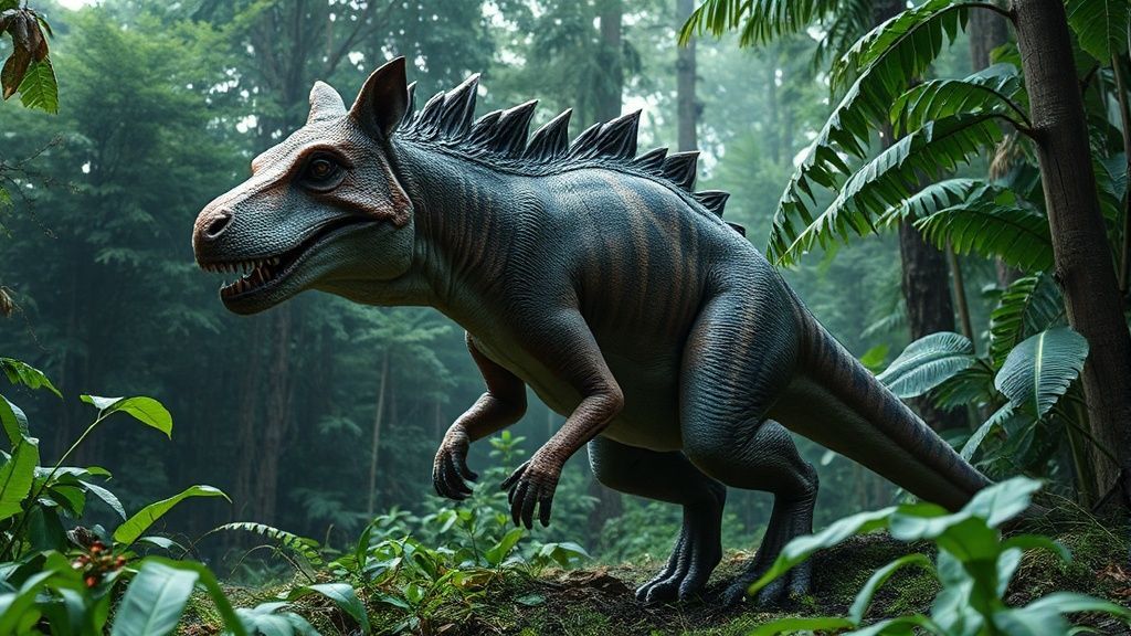 A genetically mutated dinosaur in the Amazon forests that looks like a wolf. Ultra-realistic 8K animal image.