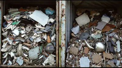 garbage - A large, full garbage container, side by side, with various scraps visible inside; iron, a steel teapot, and mixed scraps are visible in the image taken from a different angle. 35mm film technique was used. It says: "IT WAS MUCH BETTER BEFORE - Önceki Versiyon çok daha iyiydi!"