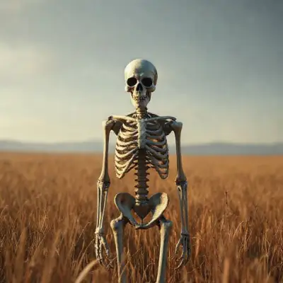 a creepy looking skeleton standing in a field, a character portrait by Mike Winkelmann, cgsociety contest winner, environmental art, #vfxfriday, unreal engine 5, cryengine nikon d750