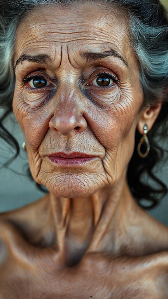 very ugly Woman, face and body, anatomy, natural, real no makeup, attractive, horny, passionate beauty, in her early 80s. Natural face, very realistic anatomical skin structure. Highly detailed facial structure with deep skin pores and wavy black hair. Pronounced, deep forehead lines and sharp details. Black iris eyes. Highly detailed, micro-focused eyelashes. Highly detailed, micro-focused, ultra-detailed black eyebrows. Small, focused nose. Highly detailed, natural cheekbones. Small, thin mouth with detail. Detailed lip curves. Highly detailed, focused pink pastel wet lips. Small oval chin. Beautifully detailed facial features. Anatomically defined facial line detail. Micro-detailed facial hair. Micro-detailed aging pore structure. Highly detailed earrings. Slim fit petite woman. Neck and bikini area (small breast with detail) (realistic anatomical micro-textures). Micro-anatomical without the use of a screen filter (no face filter). Realistic color tone, ultra-realistic details. 16K Hyper HD