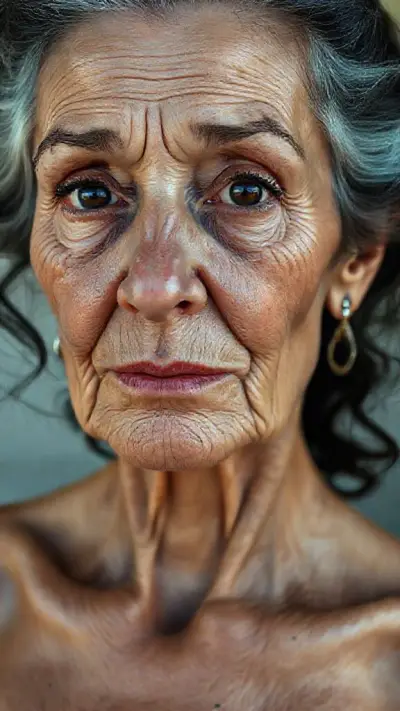 very ugly Woman, face and body, anatomy, natural, real no makeup, attractive, horny, passionate beauty, in her early 80s. Natural face, very realistic anatomical skin structure. Highly detailed facial structure with deep skin pores and wavy black hair. Pronounced, deep forehead lines and sharp details. Black iris eyes. Highly detailed, micro-focused eyelashes. Highly detailed, micro-focused, ultra-detailed black eyebrows. Small, focused nose. Highly detailed, natural cheekbones. Small, thin mouth with detail. Detailed lip curves. Highly detailed, focused pink pastel wet lips. Small oval chin. Beautifully detailed facial features. Anatomically defined facial line detail. Micro-detailed facial hair. Micro-detailed aging pore structure. Highly detailed earrings. Slim fit petite woman. Neck and bikini area (small breast with detail) (realistic anatomical micro-textures). Micro-anatomical without the use of a screen filter (no face filter). Realistic color tone, ultra-realistic details. 16K Hyper HD