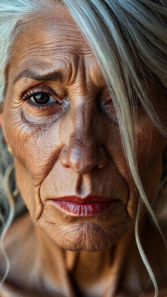 The anatomy of a 42 years old, sad and weeping Brazilian woman. Natural, 100% makeup-free, captivating, shy, tearful beauty. Natural facial structure, extremely ultra realistic anatomical skin texture. Deeply ultra detailed skin pores and sides interwoven with wavy white hair, an extremely ultra detailed, focused facial structure. Fine, deep forehead lines and sharp details. Black iris eyes. Extremely detailed, micro-focused lashes. Extremely detailed, micro-focused, ultra-detailed black eyebrows. Large, pointed, focused nose. Extremely detailed, natural dimples. Detailed, full lips. Extremely detailed, focused red, juicy, wet lips. Small, elegant pointed chin. Beautifully detailed facial features. Anatomically defined facial line ultra detail. Ultra-detailed processing. Micro-detailed aging pore structure. Focused, detailed earrings. Ultra-realistic, vibrant and ultra-realistic details. Unfiltered, extremely detailed 8K HD image. No fake filter.