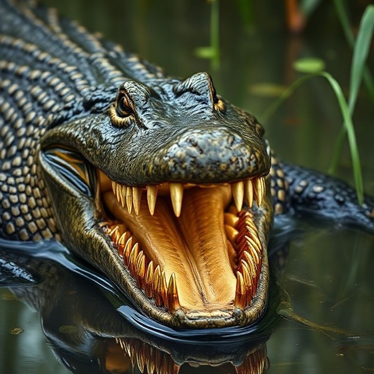 A magnificent animal, a highly detailed crocodile with a massive mouth and teeth made of rifle bullets. A rare photo taken in a swamp.