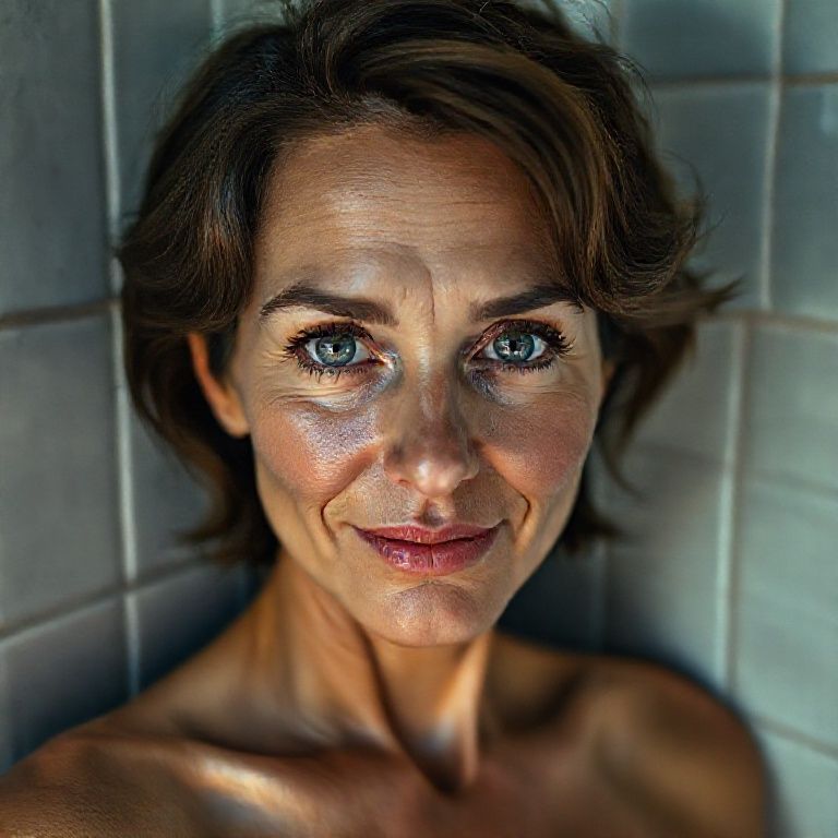 42-year-old model (toned body) (bright light gray eyes) ultra-sharp iris detail, subtle reflections, moist tear line, natural lashes, hyper-detailed face, natural skin pores, soft cheek shadows, high-resolution lash texture, realistic light on the bridge of the nose, subtle smile lines, photorealistic shading, moist full lips, soft natural sheen, deep rose color, subtle skin texture, visible lip folds, realistic light reflection, photorealistic shadows, visible scleral veins, photorealistic shadows, short wavy dark brown hair, soft skin texture, realistic nipple detail, anatomically correct placement, subtle interplay of light and shadow, woman leaning against bathroom tiles, soft cinematic lighting, Hasselblad H6D-100c, lens 85mm f/1.2, ultra-detailed skin, (realistic anatomy)