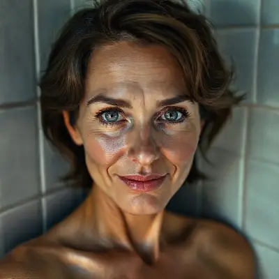 42-year-old model (toned body) (bright light gray eyes) ultra-sharp iris detail, subtle reflections, moist tear line, natural lashes, hyper-detailed face, natural skin pores, soft cheek shadows, high-resolution lash texture, realistic light on the bridge of the nose, subtle smile lines, photorealistic shading, moist full lips, soft natural sheen, deep rose color, subtle skin texture, visible lip folds, realistic light reflection, photorealistic shadows, visible scleral veins, photorealistic shadows, short wavy dark brown hair, soft skin texture, realistic nipple detail, anatomically correct placement, subtle interplay of light and shadow, woman leaning against bathroom tiles, soft cinematic lighting, Hasselblad H6D-100c, lens 85mm f/1.2, ultra-detailed skin, (realistic anatomy)