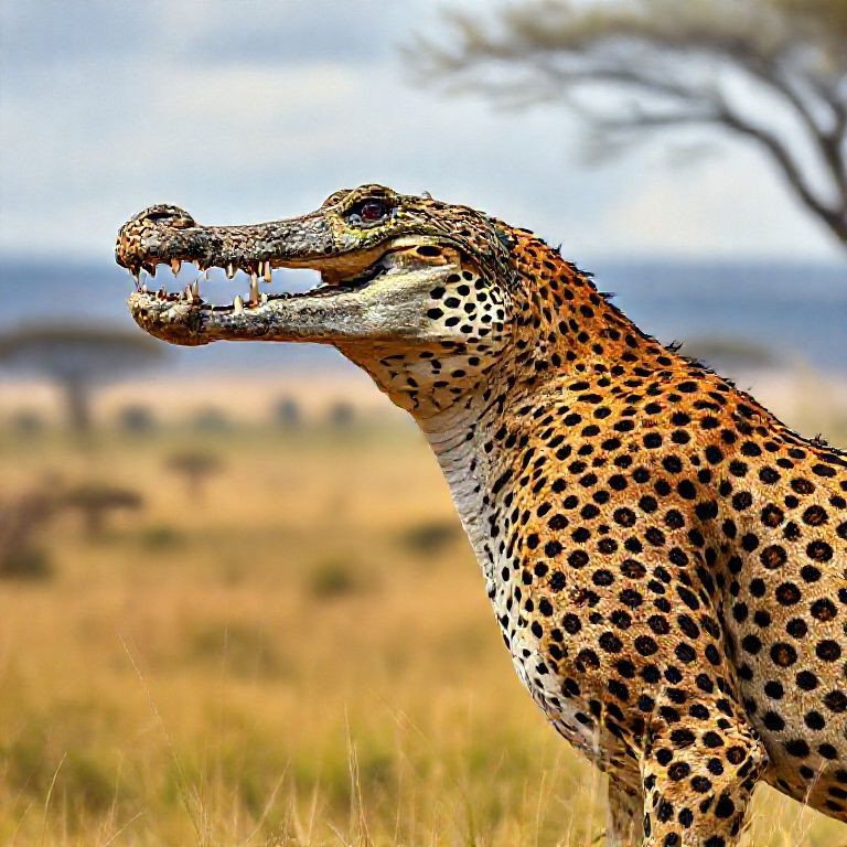 Its head is a crocodile head, its body is a cheetah, its body is realistic, its textures and colors are realistic. Anatomical reality 8K. Full screen African landscape is magnificent 25mm 1/1:2 DSLR camera;