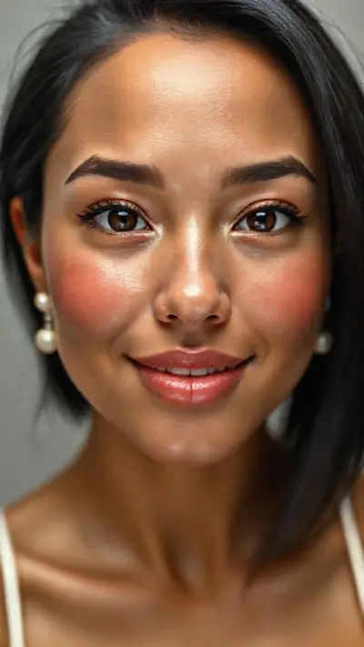 Hispanic female, pop star anatomy, natural beauty, in her 20s. Ultra-realistic natural face. Ultra-detailed facial structure with deep pores. Shiny ear length, short black hair. Definite, deep forehead lines and defined details. Brown iris. Watery eyes. Ultra-detailed, micro-focused eyelashes. Ultra-detailed, micro-focused black eyebrows. Small nose. Ultra-detailed, natural dimpled cheeks. Detailed small mouth. Detailed lip curves. Ultra-detailed, focused pink pastel lips. Small chin oval. Ultra-detailed facial features. Ultra-anatomically defined facial line detail. Ultra-detailed facial hair. Micro-detailed pore structure. Ultra-realistic expression. Cute, flirty smile. Highly detailed pearl earrings. Ultra-detailed, focused neck and waist bikini area. Ultra-realistic anatomical detail and ultra-realistic textures. High-resolution, micro-detailed wide-field image.