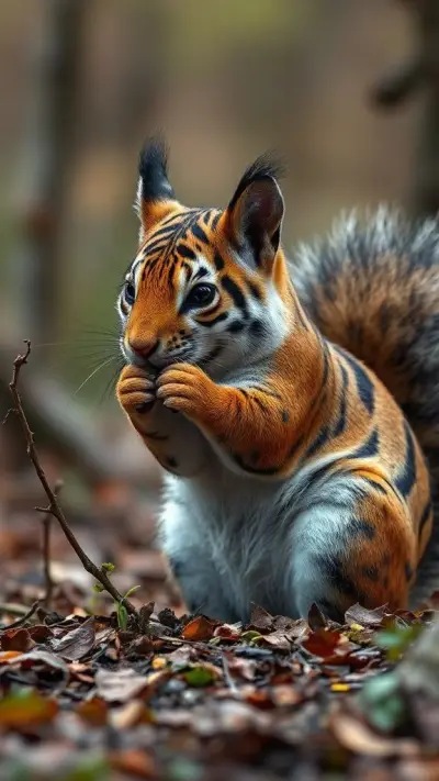 Whether it's a squirrel disguised as a tiger, a mystical animal with incredibly realistic wild patterns, silently watching its surroundings from the depths of the forest 8K