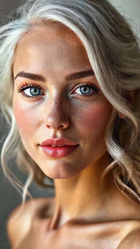 Woman in her 20s, face and body, anatomy: Natural, natural, attractive, makeup-free beauty. Natural facial structure, very realistic anatomical skin texture. Highly detailed facial structure with deeply detailed skin pores and wavy white hair. Precise, deep forehead lines and sharp details. Eyes with blue irises. Highly detailed, micro-focused eyelashes. Highly detailed, micro-focused, ultra-detailed black eyebrows. Small, focused nose. Woman in her 40s, face and body, anatomy: Natural, natural, attractive, no-makeup beauty. Natural facial structure, very realistic anatomical skin texture. Highly detailed facial structure with deeply detailed skin pores and wavy black hair. Precise, deep forehead lines and sharp details. Eyes with black irises. Highly detailed, micro-focused eyelashes. Highly detailed, micro-focused, ultra-detailed black eyebrows. Small, focused nose. Highly detailed, natural cheekbones. Small, defined mouth. Detailed lip curves. Highly detailed, focused pink pastel wet lips. Small oval chin. Beautifully detailed facial features. Anatomically defined facial line detail. Micro-detailed facial hair. Ultra-detailed earrings. Micro-detailed aging pore structure. Genetic anatomical synchronous aging of the body. Micro-detailed shooting. Genetic realism. No pictures filter. 128K Ultra hyper multi HD pixel