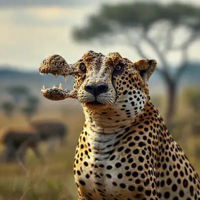 Its head is a crocodile head, its body is a cheetah, its body is realistic, its textures and colors are realistic, UHD 8K realistic sense of anatomical reality. The full-screen African scenery is magnificent;