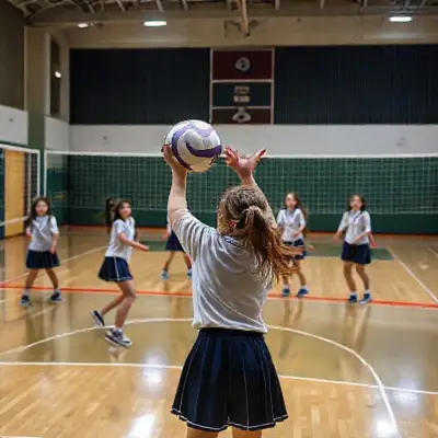 8k Girls in school uniforms playing volleyball in the gym on New Year's Day