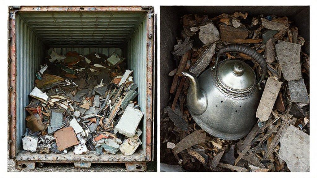 A large, full garbage container, side by side, with various scraps visible inside; iron, a steel teapot, and mixed scraps are visible in the image taken from a different angle. 35mm film technique was used. It says: "IT WAS MUCH BETTER BEFORE - Önceki Versiyon çok daha iyiydi!"