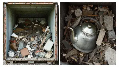 A large, full garbage container, side by side, with various scraps visible inside; iron, a steel teapot, and mixed scraps are visible in the image taken from a different angle. 35mm film technique was used. It says: "IT WAS MUCH BETTER BEFORE - Önceki Versiyon çok daha iyiydi!"