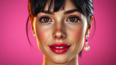 Background: Matte color, vivid studio lighting, female anatomy on a plain studio background with bright colors and lighting; ultra-realistic facial detail, ultra-realistic perforated porous skin texture, center-parted messy shiny black hair, brown iris, watery eyes, ultra-detailed eyelashes, ultra-detailed black eyebrows, small nose, ultra-detailed deep dimpled cheeks, detailed small folds, very wet lips, pink lipsticked lips, small chin, detailed lightly freckled face, ultra-anatomical prominent facial line detail, ultra-detailed facial hair, micro-detail, ultra-detail, sympathetic smile, detailed colorful pearl earrings in the ears, accurate physical detail of the woman consistent with the anatomical detail;