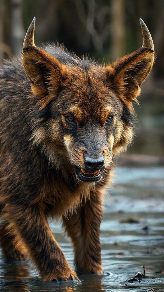 With its dog-like coloring and ferocious appearance, this bull-like creature is a unique being; a nearly mutated, evolved beast captured in documentary-quality footage. Its extremely wild and detailed fur creates a striking image in its mystical setting: a rural swamp lake. Filmed remotely with a professional 35mm DSLR camera for 8K Ultra HD documentary filmmakers.