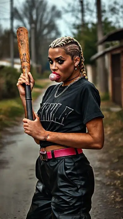 The profile of a rebellious woman in her twenties: shaved sides, braided dark blonde hair, large black eyes, a small nose, black makeup around the eyes, and curved lips. She wears a Bob Marley t-shirt, baggy hip-hop-style leather pants, a chain around her waist, pink Nike shoes, and holds a pointed baseball bat and gum in her mouth. The woman, appearing quite aggressive, poses professionally in a somber atmosphere on a rural street. The image is a high-quality visual in 8K ultra-realistic resolution, appearing as if it were shot with a DSLR-quality, 85mm portrait lens; the lighting, composition, and storytelling are harmoniously designed.