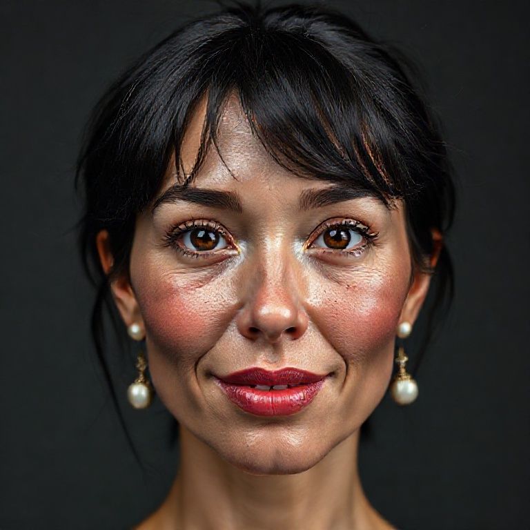Background: dark gray color, vivid studio lighting from top to bottom, female anatomy on a plain studio background with bright colors and lighting; Ultra-realistic facial detail, ultra-realistic perforated porous skin texture, center-parted messy shiny black hair, ultra-detailed forehead lines, brown iris, watery eyes, ultra-detailed eyelashes, ultra-detailed black eyebrows, small nose, in-focus nose tip detail, ultra-detailed dimpled cheeks, detailed small folds, very wet lips, pink lipstick, small chin, detailed lightly freckled face, ultra-anatomical prominent facial line detail, ultra-detailed facial hair, [micro detail], [ultra detail], sympathetic smile, detailed colorful pearl earrings, accurate physical detail of the woman in accordance with anatomical detail;