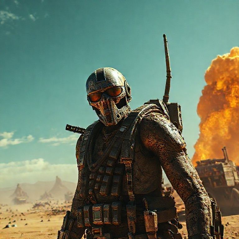 mad max man, photo realistic, post apocalypt, a detailed matte painting by Jerry Eisenberg, presented in cgsociety, Antipodeans, #vfxfriday, Imagined by light and industrial magic, Playstation 5 screenshot