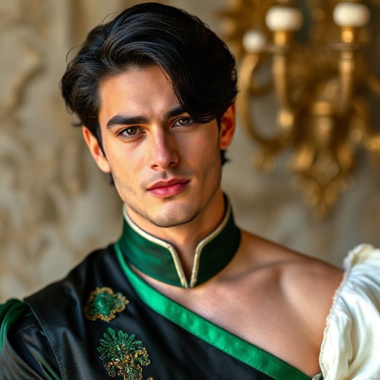 a handsome man with dark black hair and he has prince dress the dress colors are black and green