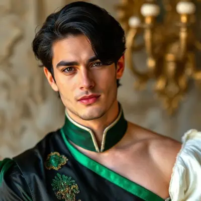 a handsome man with dark black hair and he has prince dress the dress colors are black and green