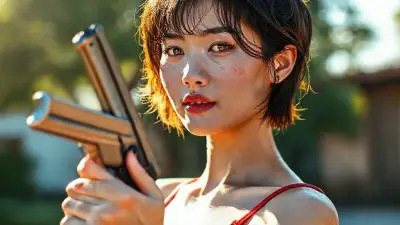 It's a sunny summer day, the sun shining from the left. She's holding a gray metallic pistol. The Chinese woman in her 20s has short, wet, wavy hair, prominent wet blue irises, small, juicy lips with pink undertones, a short chin, bright rose cheekbones, thick eyebrows, prominent dimples, and a few freckles. She has short shoulders, small, slender breasts, a slim waist, wide hips, a knitted leaf thong, and red high heels. The sunlight reflects off her face and body with a golden hue, completing the composition. Camera type: Full-frame DSLR 100MP Lens: 85mm f/1.8 portrait lens 35mm wide-angle;