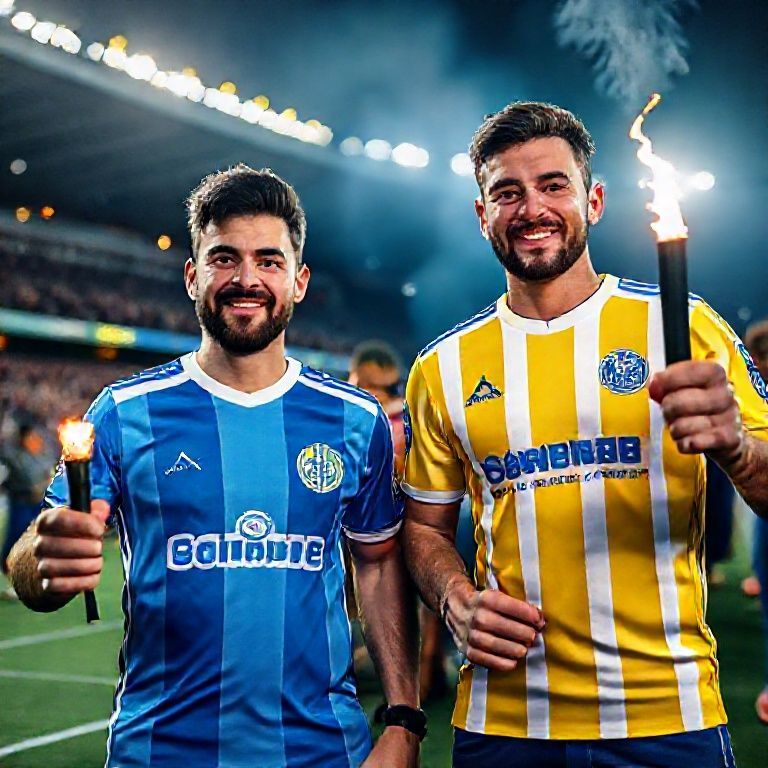 A male fan wearing a Fenerbahçe jersey in ultra HD detail and a male fan wearing a Galatasaray jersey in ultra HD detail hold torches and have fun outside the stadium. UHD 8K