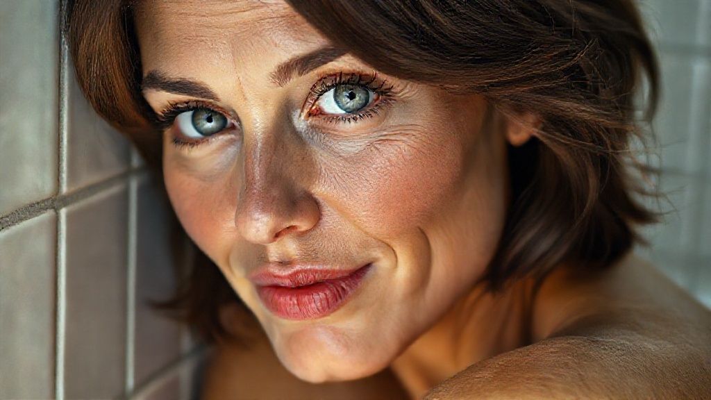42-year-old model (toned body) (bright light gray eyes) ultra-sharp iris detail, subtle reflections, moist tear line, natural lashes, hyper-detailed face, natural skin pores, soft cheek shadows, high-resolution lash texture, realistic light on the bridge of the nose, subtle smile lines, photorealistic shading, moist full lips, soft natural sheen, deep rose color, subtle skin texture, visible lip folds, realistic light reflection, photorealistic shadows, visible scleral veins, photorealistic shadows, short wavy dark brown hair, soft skin texture, realistic nipple detail, anatomically correct placement, subtle interplay of light and shadow, woman leaning against bathroom tiles, soft cinematic lighting, Hasselblad H6D-100c, lens 85mm f/1.2, ultra-detailed skin, (realistic anatomy)