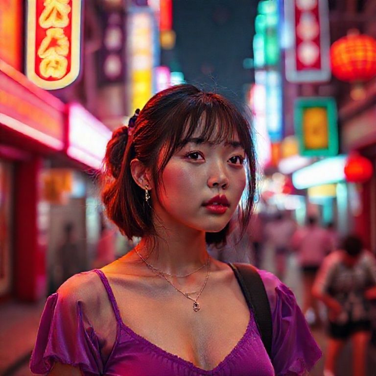 a girl in a purple top in a neon city, in the style of chinapunk, iconic album covers, soft-focus portraits, luke fildes, light amber and silver, exotic, captivating lighting --ar 1:2 --stylize 750 --v 6