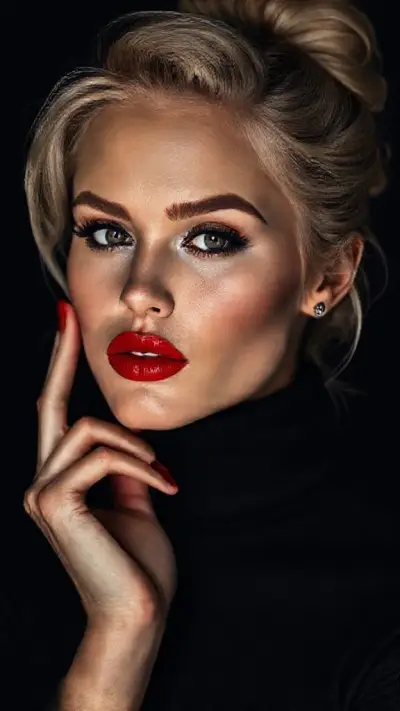 A cinematic close-up portrait of a striking woman in a sleek black turtleneck, her face softly illuminated against a dark, moody background. She has bold matte red lips, dramatic black eyeliner, and defined brows, gazing intensely into the camera with confident, piercing eyes. Her blonde hair is styled in a voluminous, slightly tousled updo, with loose strands framing her flawless, softly contoured face. Her red nails match her lipstick as she gently touches her temple, adding a subtle gesture of elegance. The lighting is clean and high-fashion, creating sharp contrast and rich shadows, evoking the feel of a luxury fragrance campaign, with a minimalist, sophisticated atmosphere, 85mm lens, shallow depth of field, sharp focus on the eyes, cinematic color grading, high-resolution editorial style, no text, no logos.