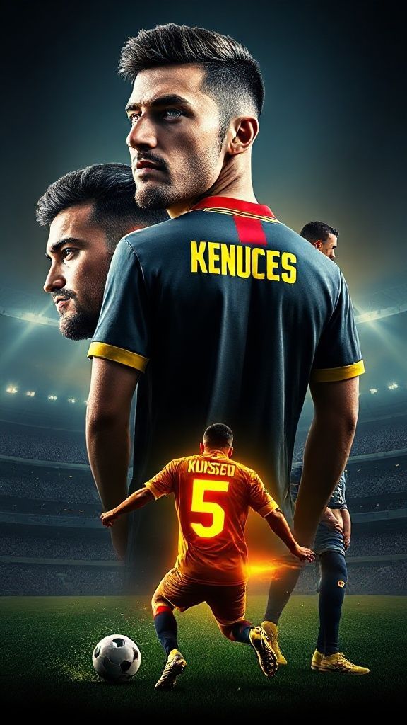 Prompt: Create a cinematic professional football (soccer) poster [featuring refer image]. Keep the original face, hair, shape, and angle exactly as in the image. Show the person in three perspectives: a super close-up portrait with a Fenerbahçe SK jersey 2026 (home kit, classic yellow and navy stripes), a side profile view wearing a Fenerbahçe dark navy away jersey 2026 in the back name [KUSKİ], and a full-body shot in full football kit (Fenerbahçe jersey 2026, shorts, socks, and cleats) with sponsor logos. At the bottom, place a dynamic action scene of the player performing a soccer skill with motion blur, flying grass, and glowing particles around. The jersey must clearly display the number 5 on the front, back, and shorts. Use a bold Şükrü Saracoğlu Stadium background with a massive glowing number 5 and the name [KUSKİ] shining behind the character in bright yellow-blue neon tones. The overall style should be ultra-realistic, high-resolution, cinematic, and professional sports poster vibes.