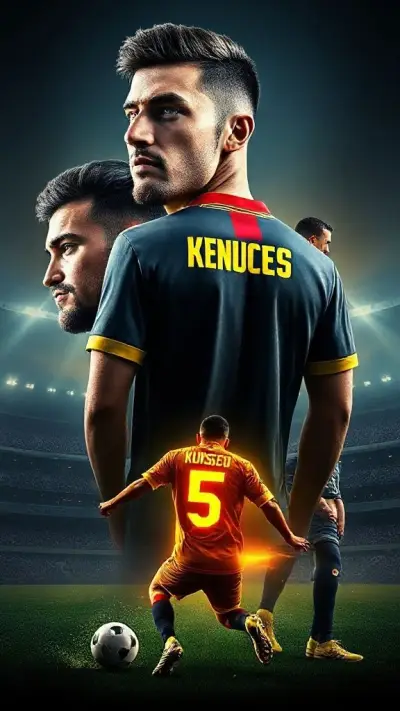 Prompt: Create a cinematic professional football (soccer) poster [featuring refer image]. Keep the original face, hair, shape, and angle exactly as in the image. Show the person in three perspectives: a super close-up portrait with a Fenerbahçe SK jersey 2026 (home kit, classic yellow and navy stripes), a side profile view wearing a Fenerbahçe dark navy away jersey 2026 in the back name [KUSKİ], and a full-body shot in full football kit (Fenerbahçe jersey 2026, shorts, socks, and cleats) with sponsor logos. At the bottom, place a dynamic action scene of the player performing a soccer skill with motion blur, flying grass, and glowing particles around. The jersey must clearly display the number 5 on the front, back, and shorts. Use a bold Şükrü Saracoğlu Stadium background with a massive glowing number 5 and the name [KUSKİ] shining behind the character in bright yellow-blue neon tones. The overall style should be ultra-realistic, high-resolution, cinematic, and professional sports poster vibes.