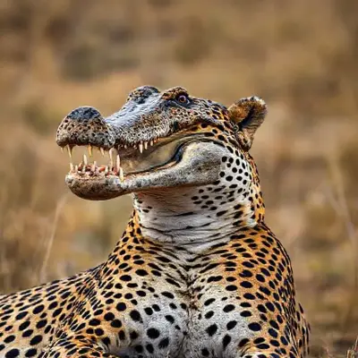 Its head is a crocodile head, its body is a cheetah, its body is realistic, its textures and colors are realistic. Anatomical micro reality 8K. Full screen African landscape is magnificent 85mm 1/1:2 DSLR camera;