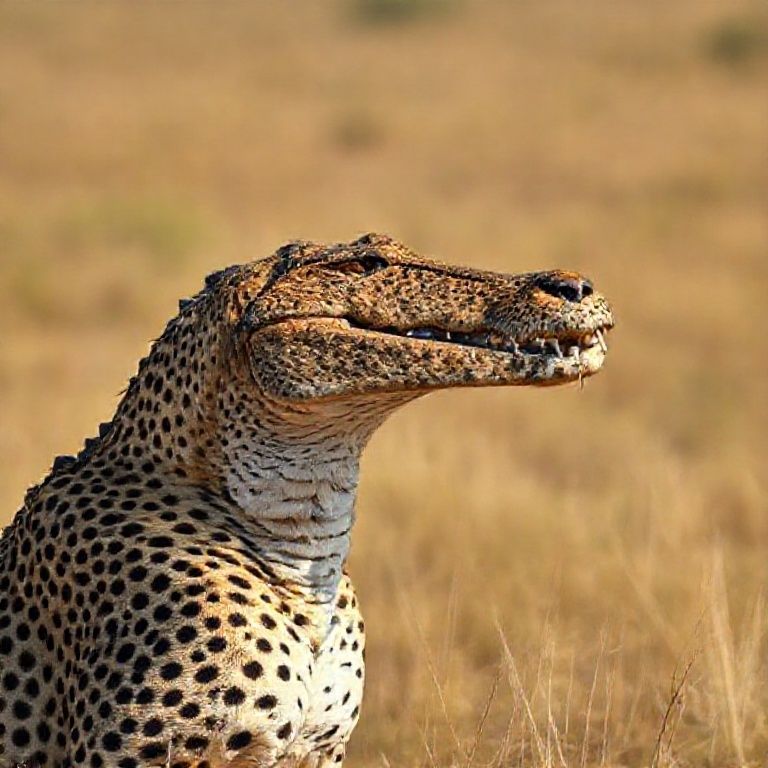 Its head is a crocodile head, its body is a cheetah, its body is realistic, its textures and colors are realistic. Anatomical reality 8K. Full screen African landscape is magnificent 85mm DSLR camera;