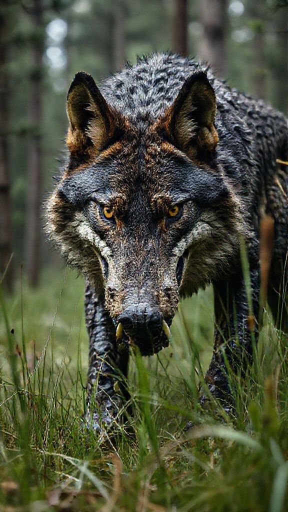 Deep within a wild pine forest lives a male wolf whose color and appearance resemble a crocodile, but which has been genetically transformed into a monster; its eyes hold an intensely ferocious expression. It was barely captured on camera while grazing among the grass. Camera type: Full-frame DSLR, 100MP; Lens: 85mm f/1.8 portrait lens, 35mm wide-angle for video.